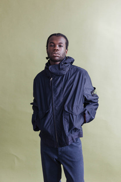 A/W 2001 Stone Island Navy Grid Hooded Two-Pocket Jacket
