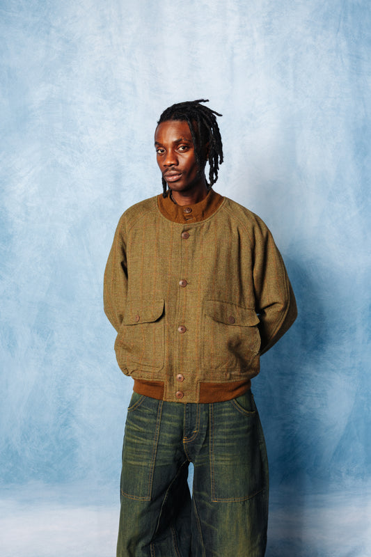 1990's Burberry Khaki Tweed Knit Collar Bomber Jacket