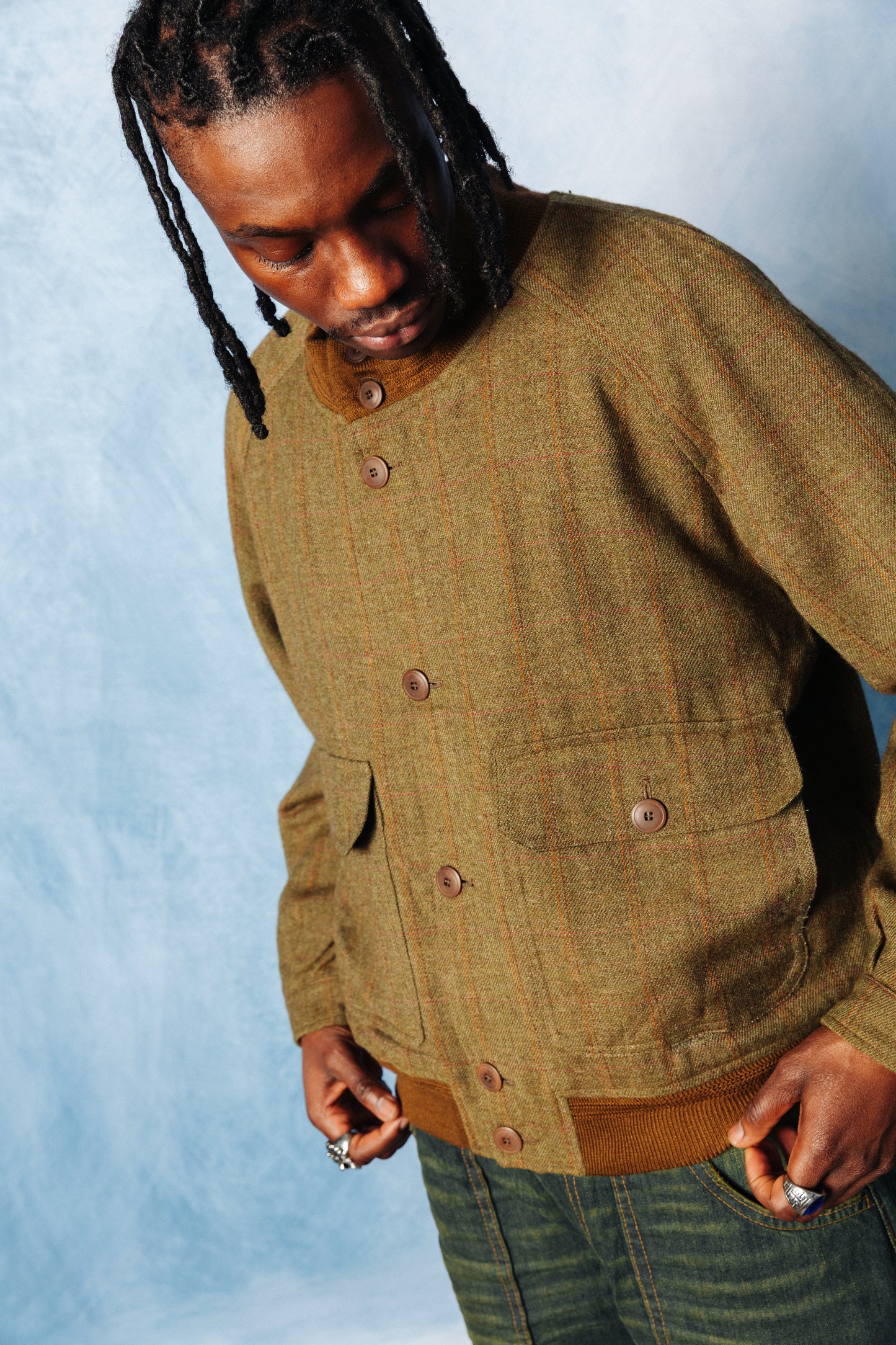 1990's Burberry Khaki Tweed Knit Collar Bomber Jacket