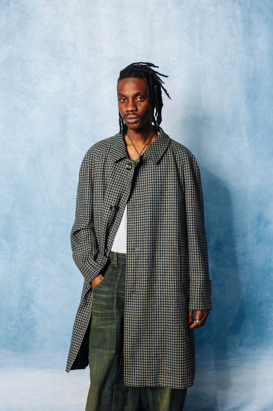 Burberry Navy Houndstooth Wool Overcoat