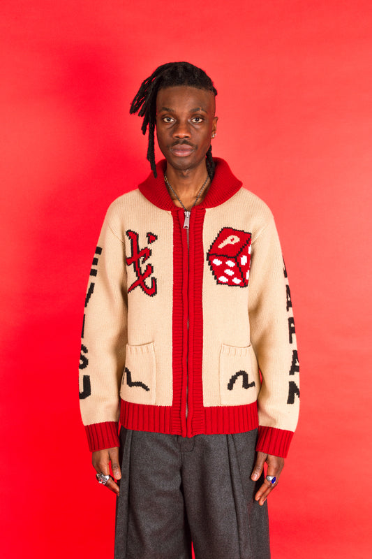 S/S 2024 Palace x Evisu Red Lined Full Zip Beige Wool Knit Cowichan Cardigan