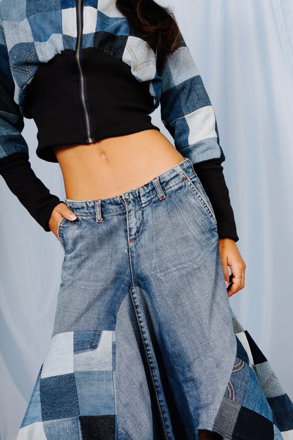 VT Rework: Patchwork Denim Pleated Midi Skirt