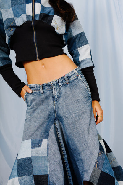 VT Rework: Patchwork Denim Pleated Midi Skirt
