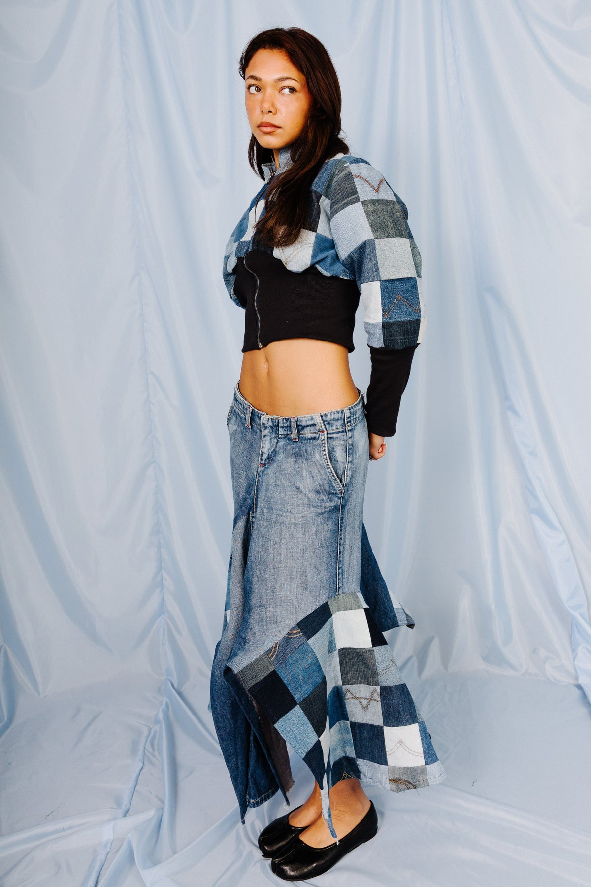 VT Rework: Patchwork Denim Pleated Midi Skirt