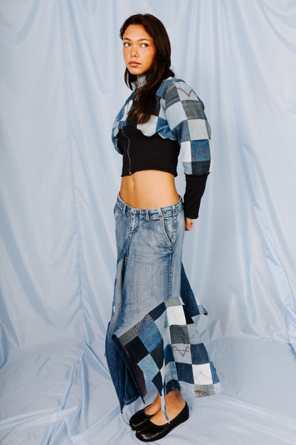 VT Rework: Patchwork Denim Pleated Midi Skirt