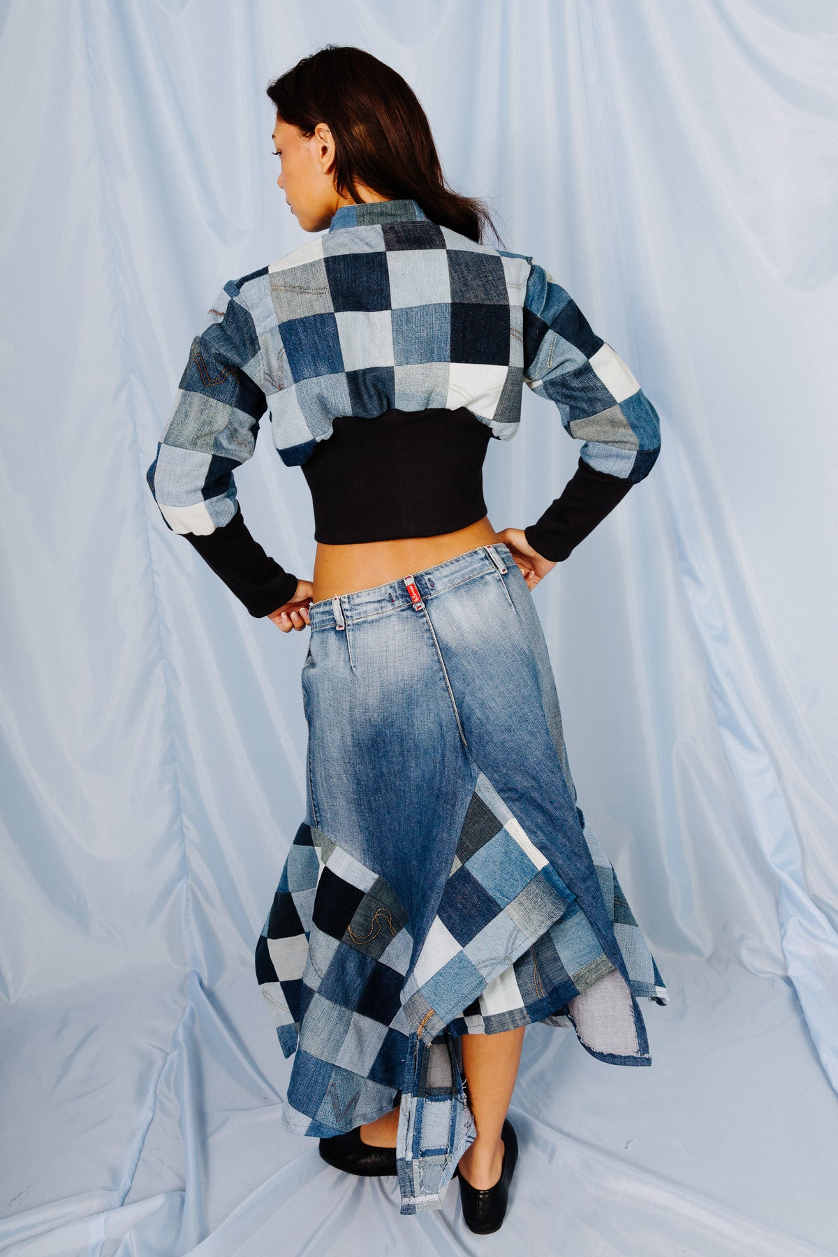 VT Rework: Patchwork Denim Pleated Midi Skirt