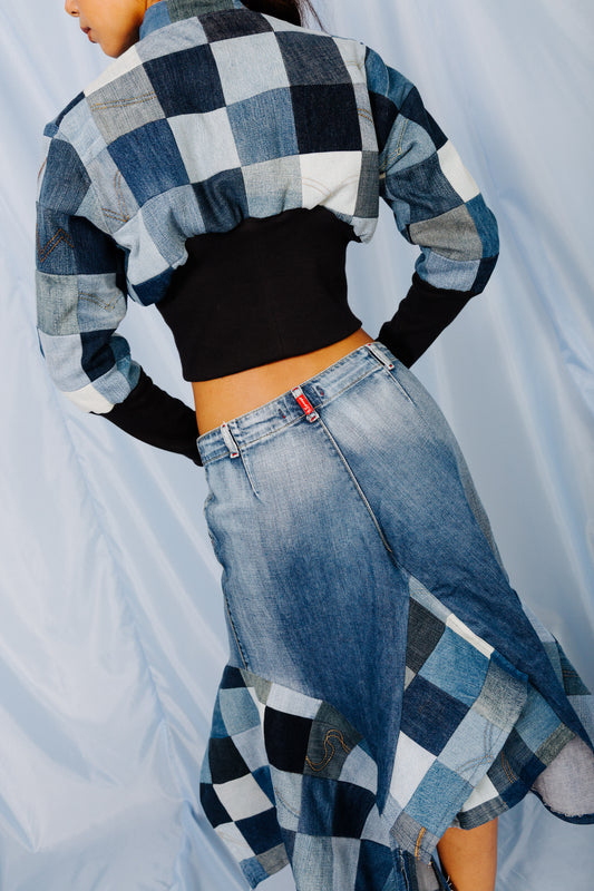 VT Rework: Patchwork Denim Pleated Midi Skirt
