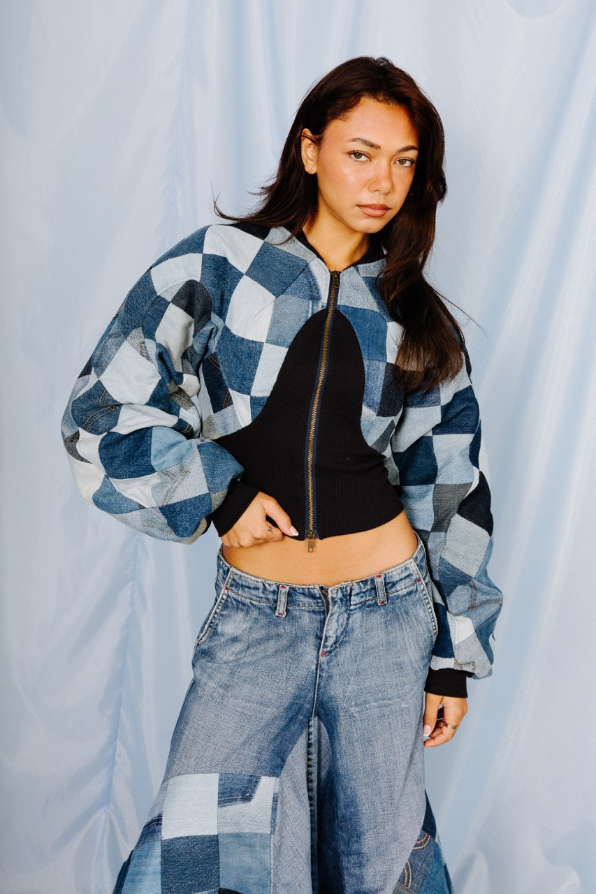 VT Rework: Cropped Denim Oversized Sleeve Patchwork Bomber Jacket