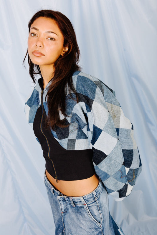 VT Rework: Cropped Denim Oversized Sleeve Patchwork Bomber Jacket