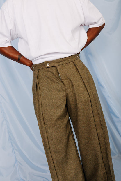 VT Rework: Khaki Tweed Oversized Pleated Trousers