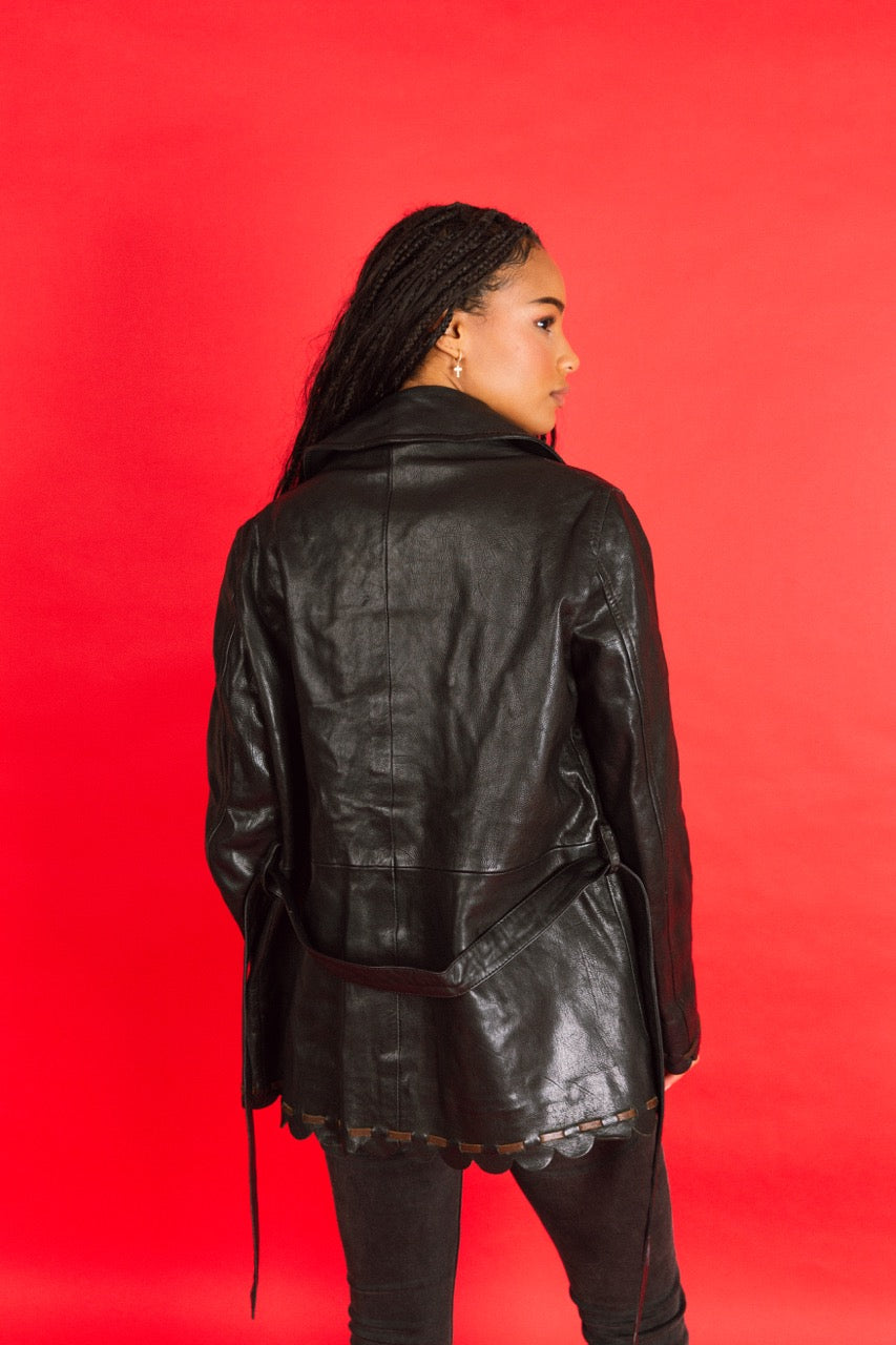 Moschino Scalloped Trim Double Breasted Belted Leather Jacket