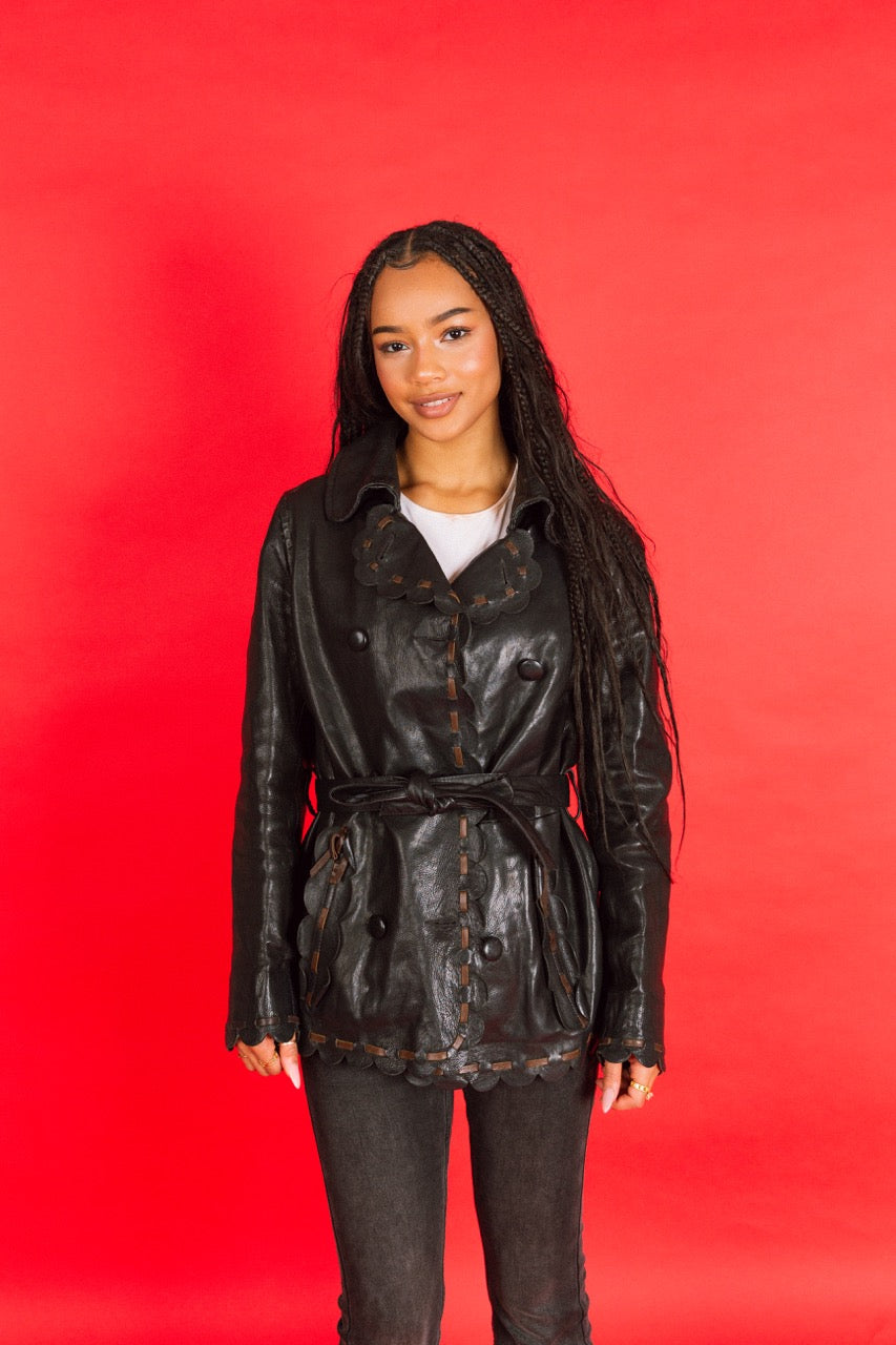 Moschino Scalloped Trim Double Breasted Belted Leather Jacket