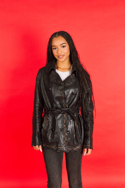 Moschino Scalloped Trim Double Breasted Belted Leather Jacket