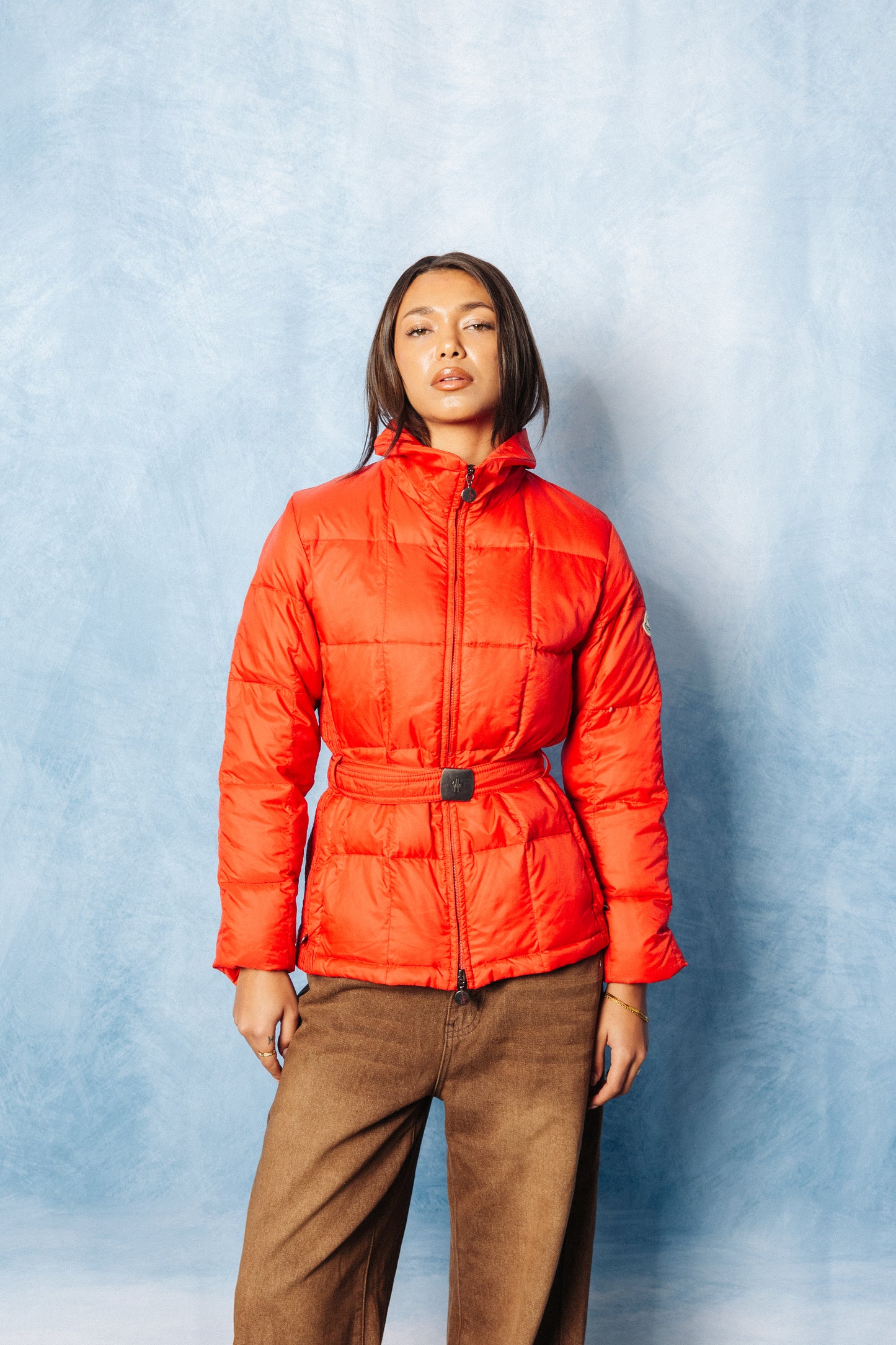Moncler Red Down Quilt Belted Puffer Jacket