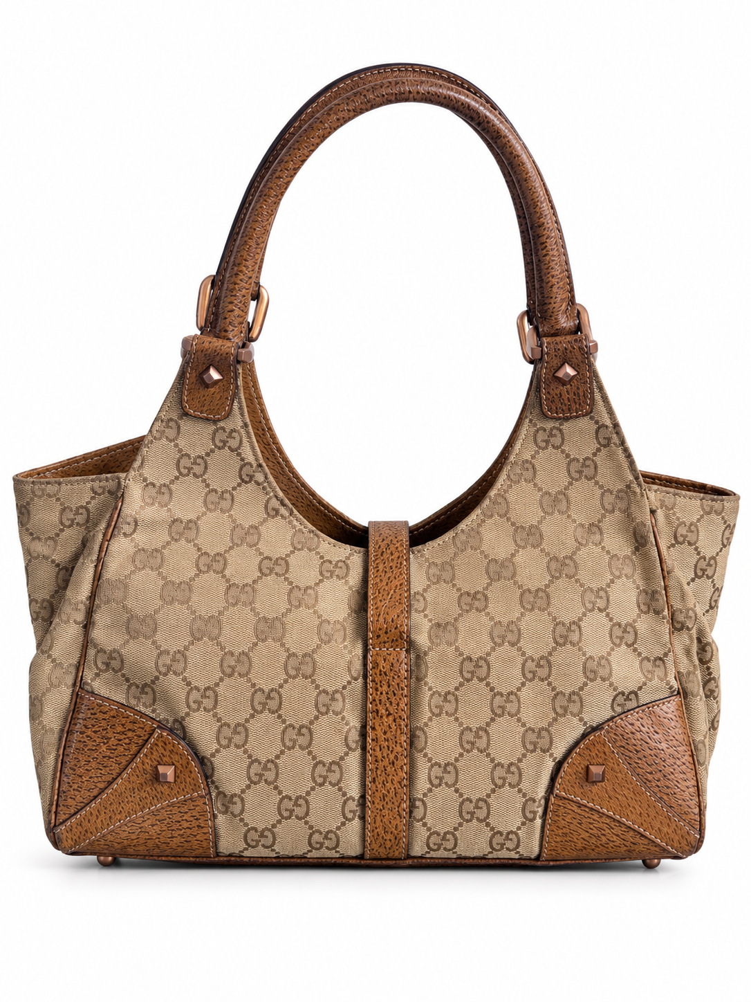 Gucci GG Canvas Jackie Monogram Shoulder Bag with Brown Leather Trim