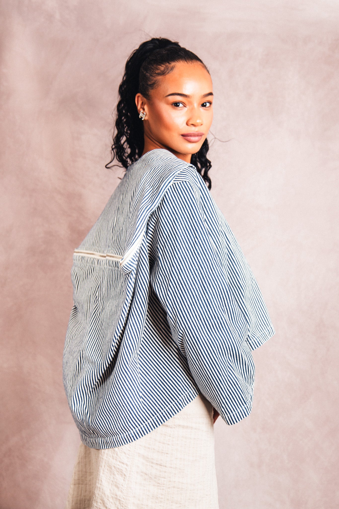 S/S 1991 Issey Miyake Canvas Hickory Stripe Cropped Blouson