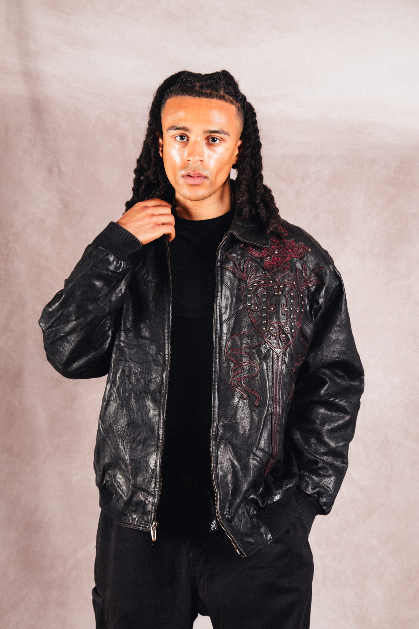 Pelle Pelle Dagger Embossed Black Leather Varsity Jacket