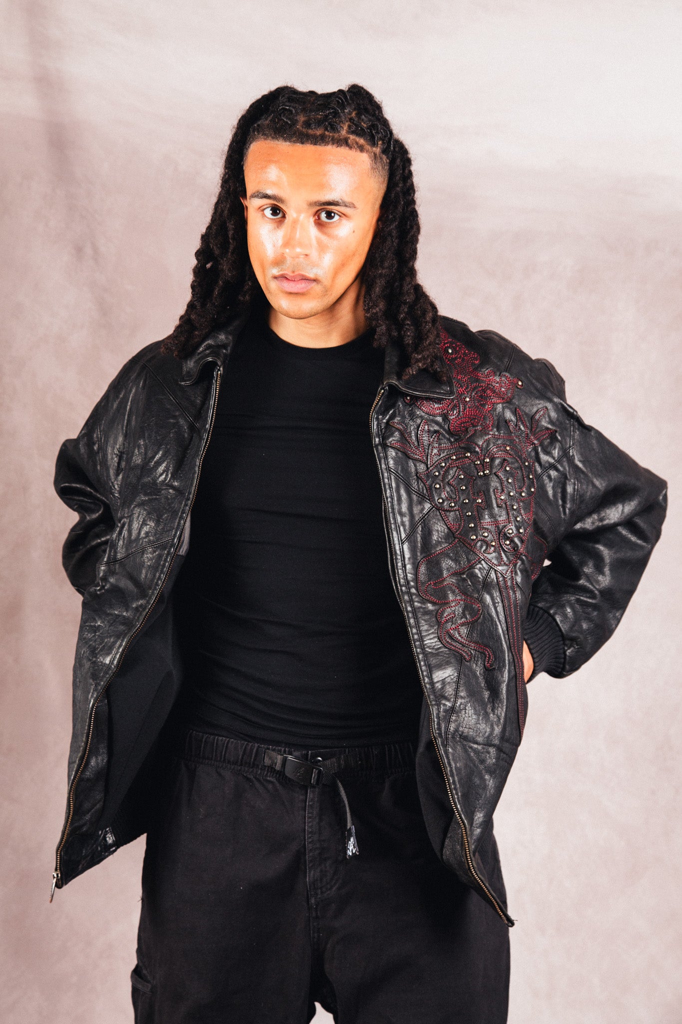 Pelle Pelle Dagger Embossed Black Leather Varsity Jacket