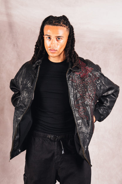 Pelle Pelle Dagger Embossed Black Leather Varsity Jacket