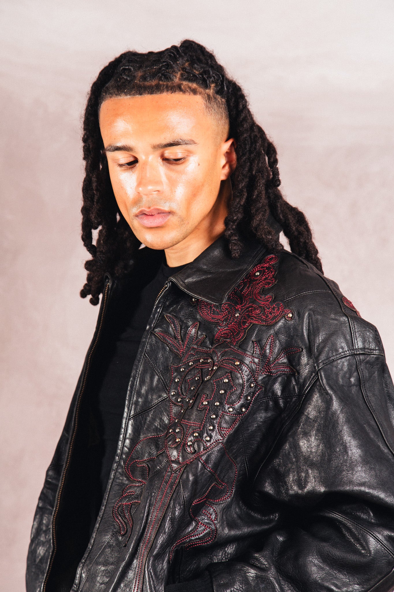 Pelle Pelle Dagger Embossed Black Leather Varsity Jacket