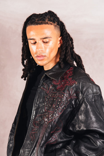 Pelle Pelle Dagger Embossed Black Leather Varsity Jacket