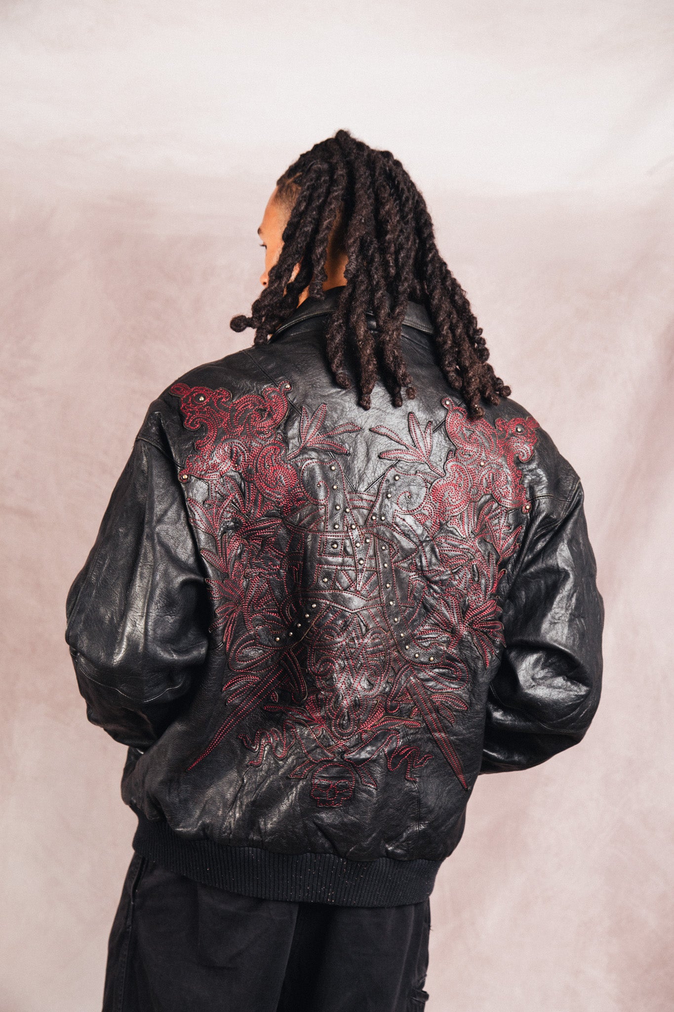 Pelle Pelle Dagger Embossed Black Leather Varsity Jacket