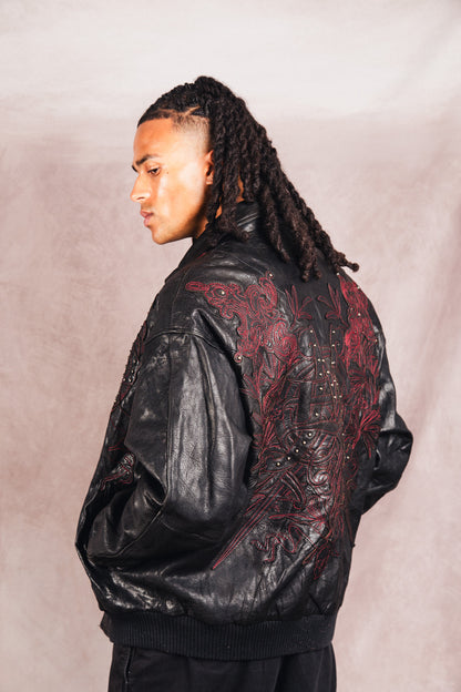 Pelle Pelle Dagger Embossed Black Leather Varsity Jacket