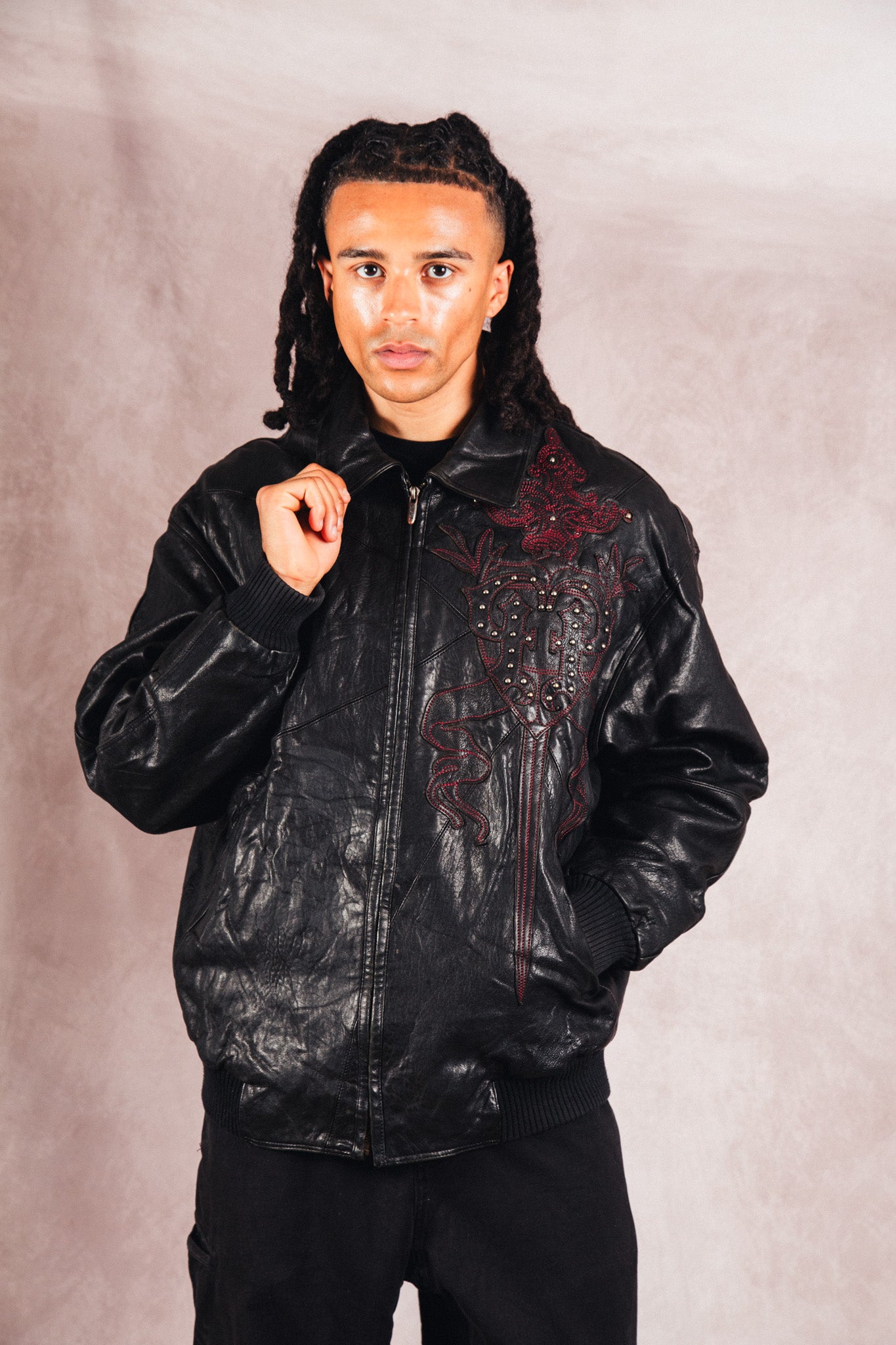 Pelle Pelle Dagger Embossed Black Leather Varsity Jacket