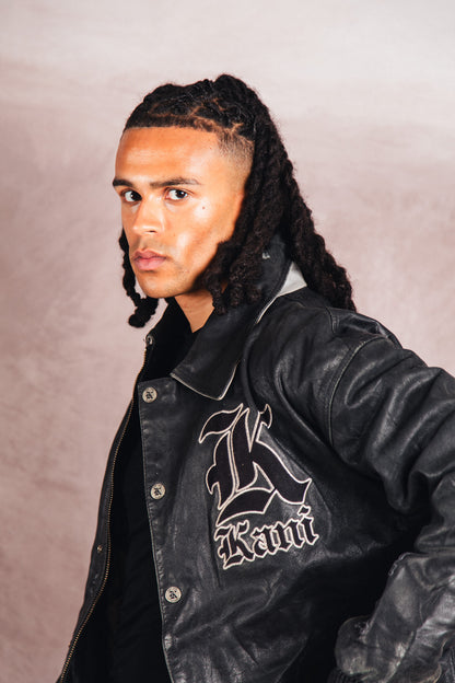 Karl Kani Logo Embossed Black Leather Varsity Jacket