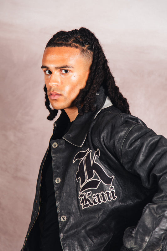 Karl Kani Logo Embossed Black Leather Varsity Jacket