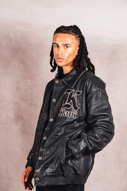 Karl Kani Logo Embossed Black Leather Varsity Jacket