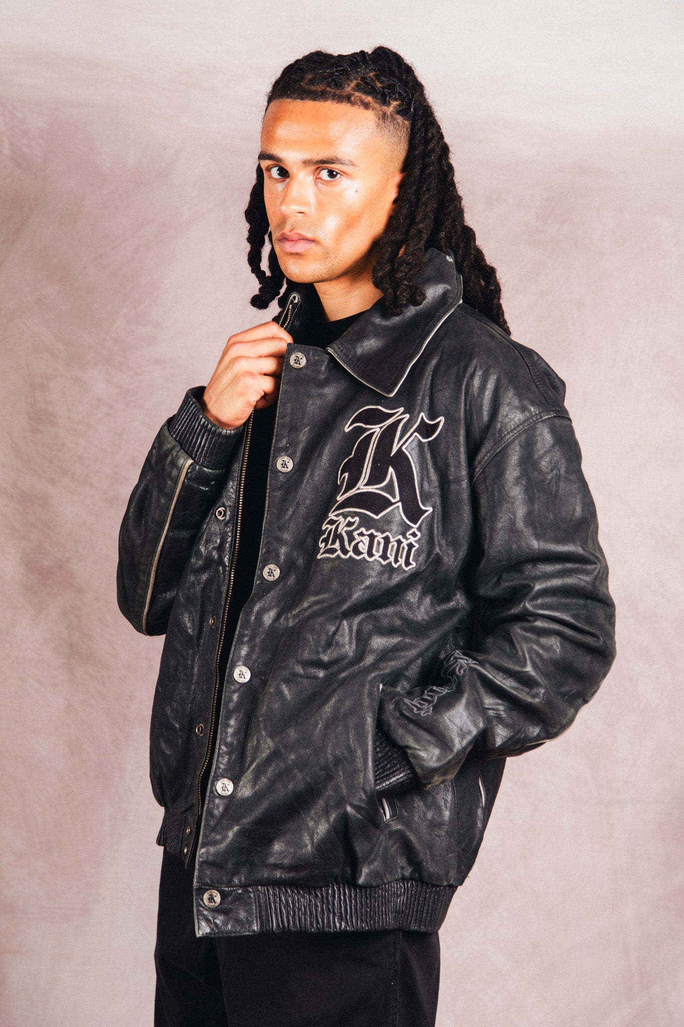 Karl Kani Logo Embossed Black Leather Varsity Jacket