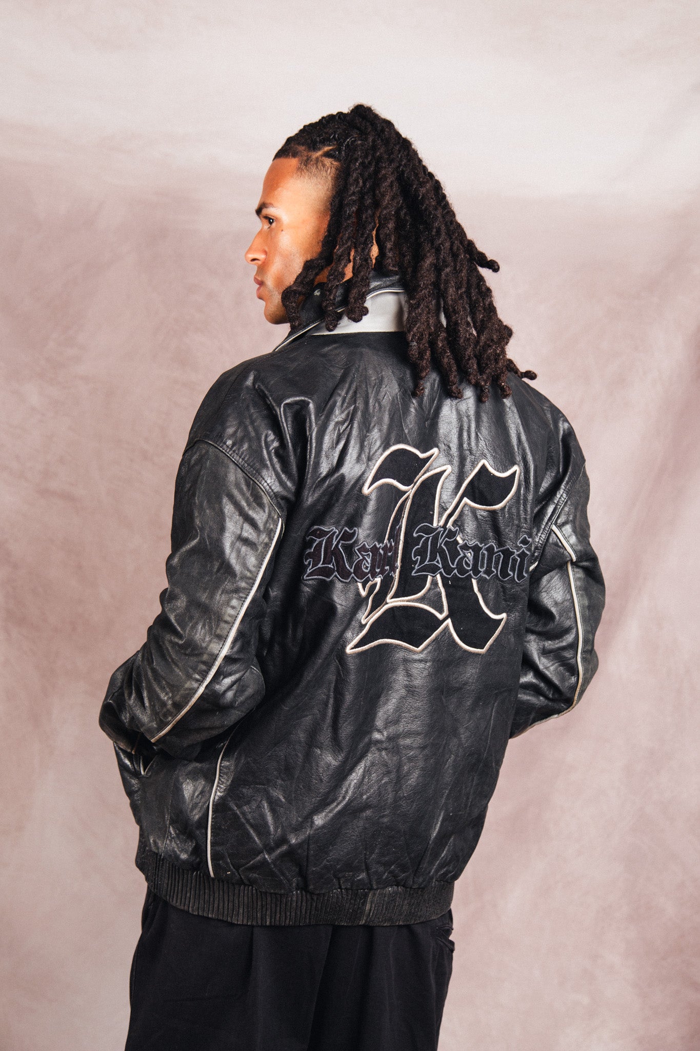 Karl Kani Logo Embossed Black Leather Varsity Jacket – Vintage