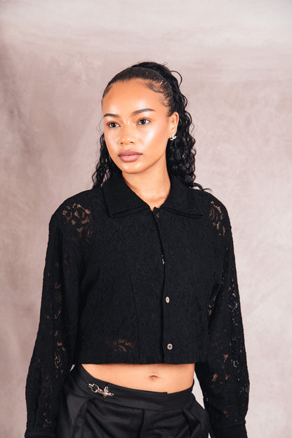 Comme Des Garcons Black Lace Cropped LS Shirt