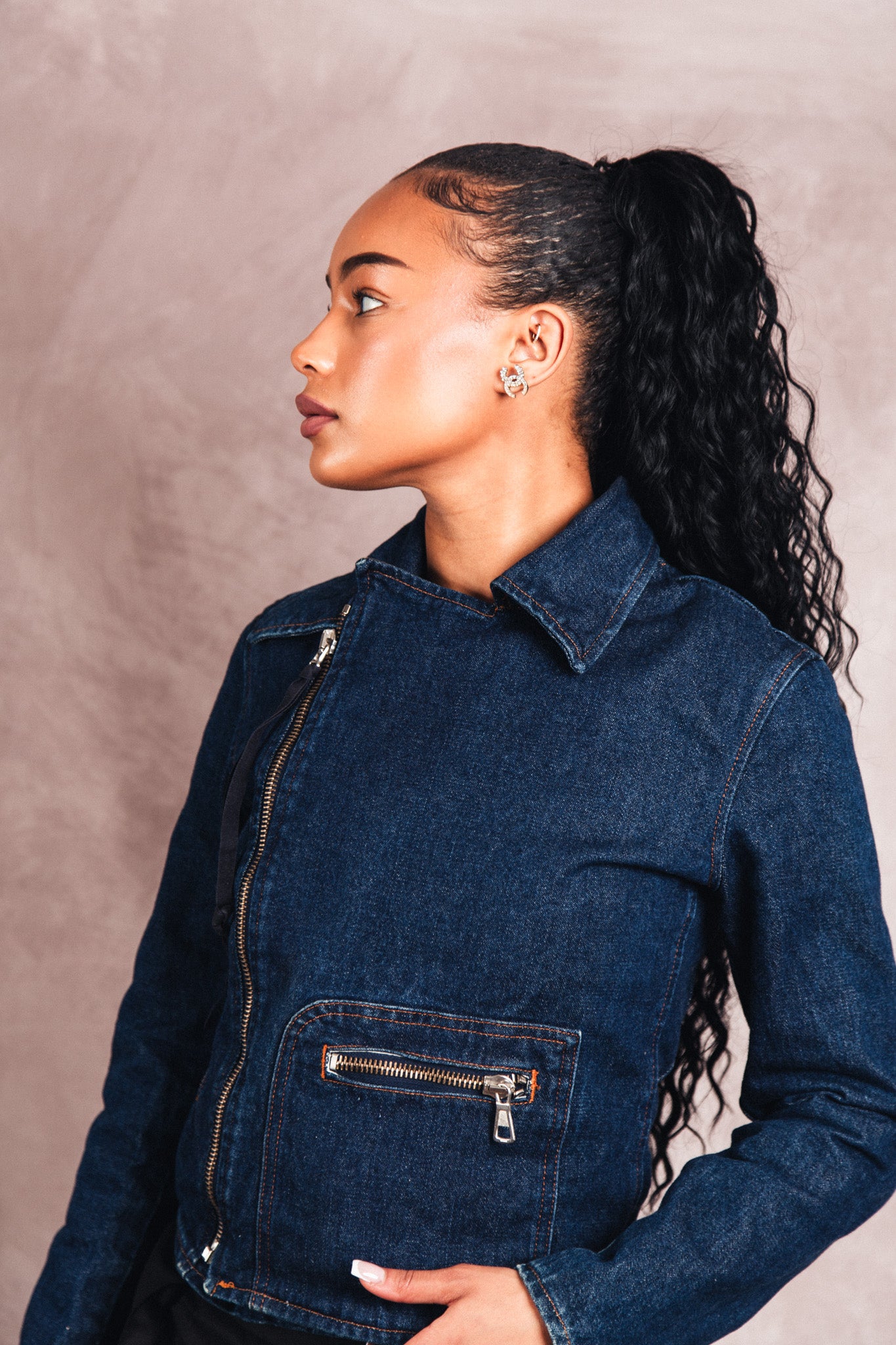 MM6 Asymmetrical Indigo Denim Cropped Biker Jacket