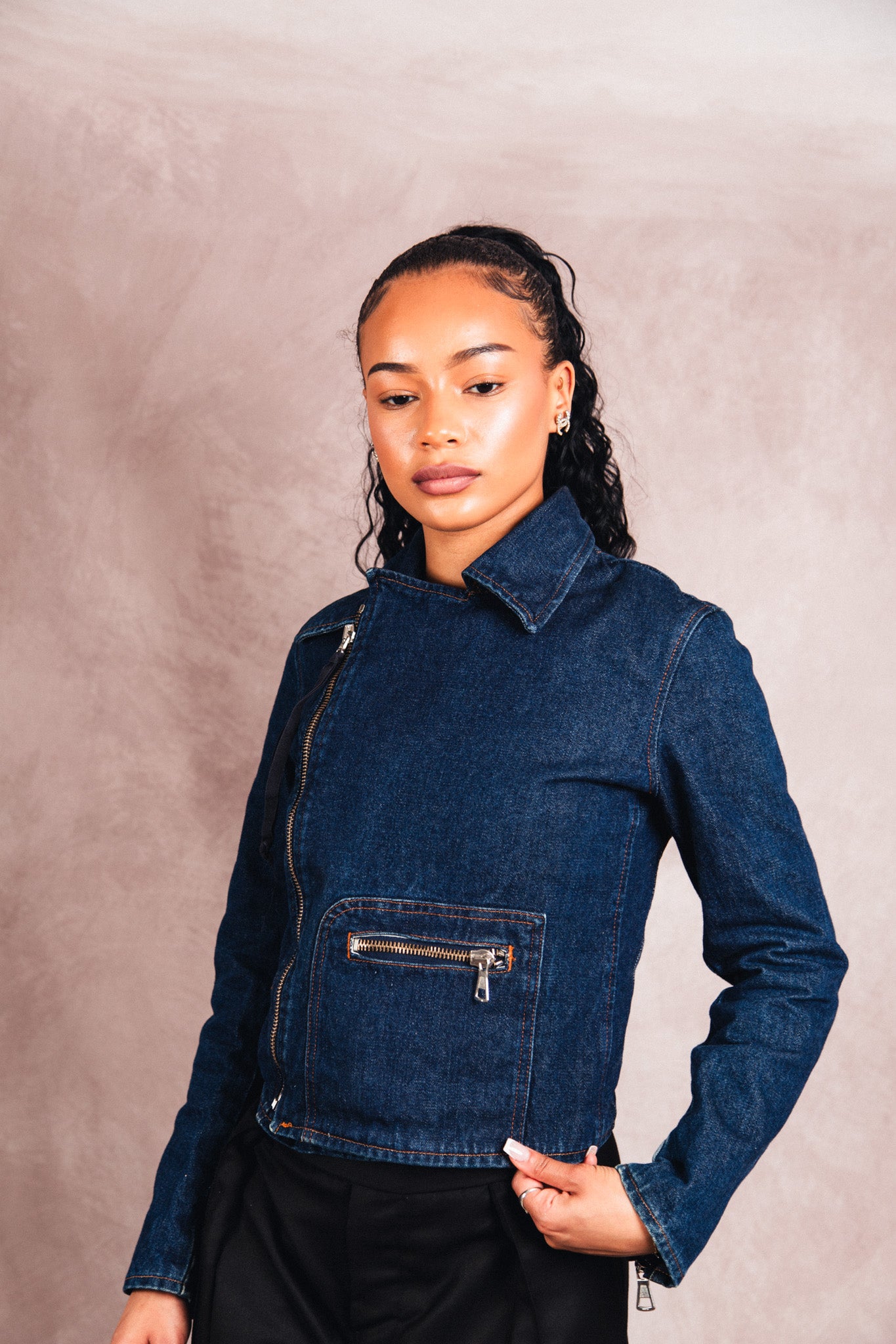 MM6 Asymmetrical Indigo Denim Cropped Biker Jacket