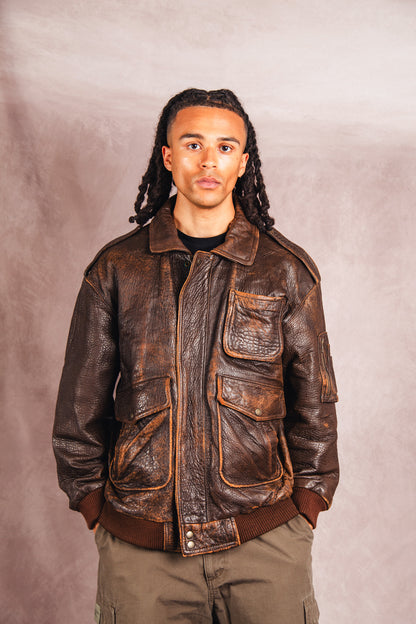 1980's Atlantic Air Crossing Distressed Brown Leather Bomber Jacket