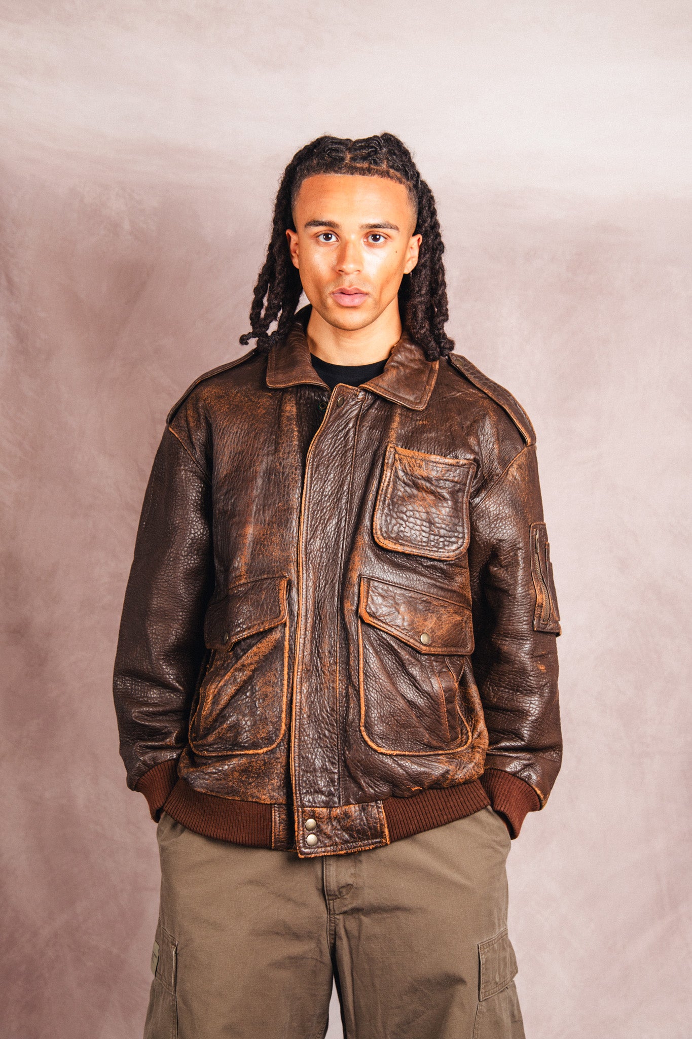 1980's Atlantic Air Crossing Distressed Brown Leather Bomber Jacket