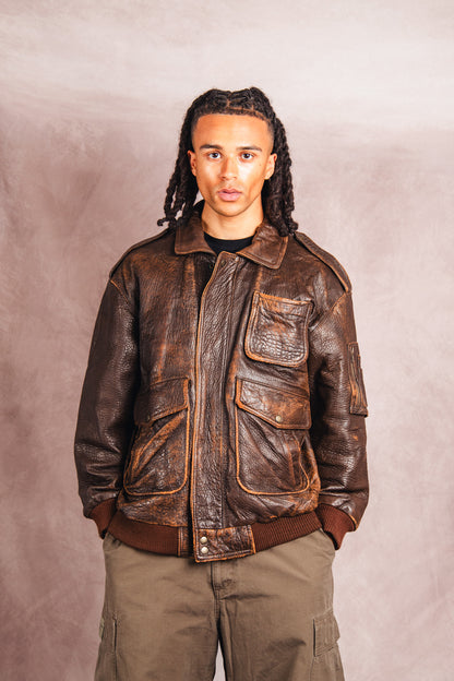 1980's Atlantic Air Crossing Distressed Brown Leather Bomber Jacket