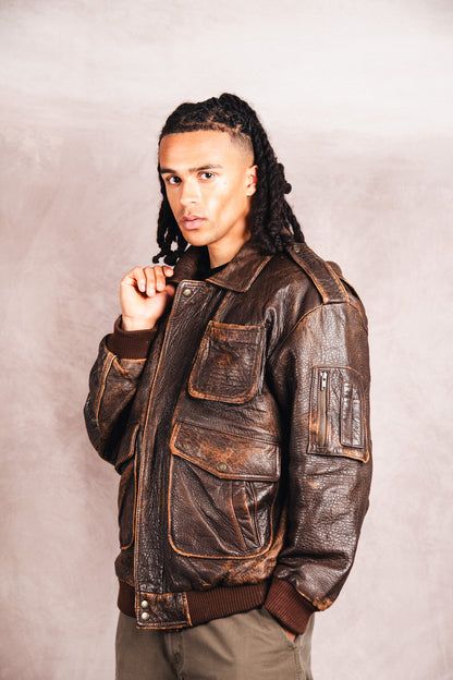 1980's Atlantic Air Crossing Distressed Brown Leather Bomber Jacket