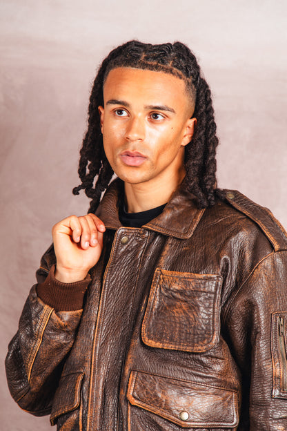 1980's Atlantic Air Crossing Distressed Brown Leather Bomber Jacket
