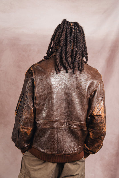 1980's Atlantic Air Crossing Distressed Brown Leather Bomber Jacket