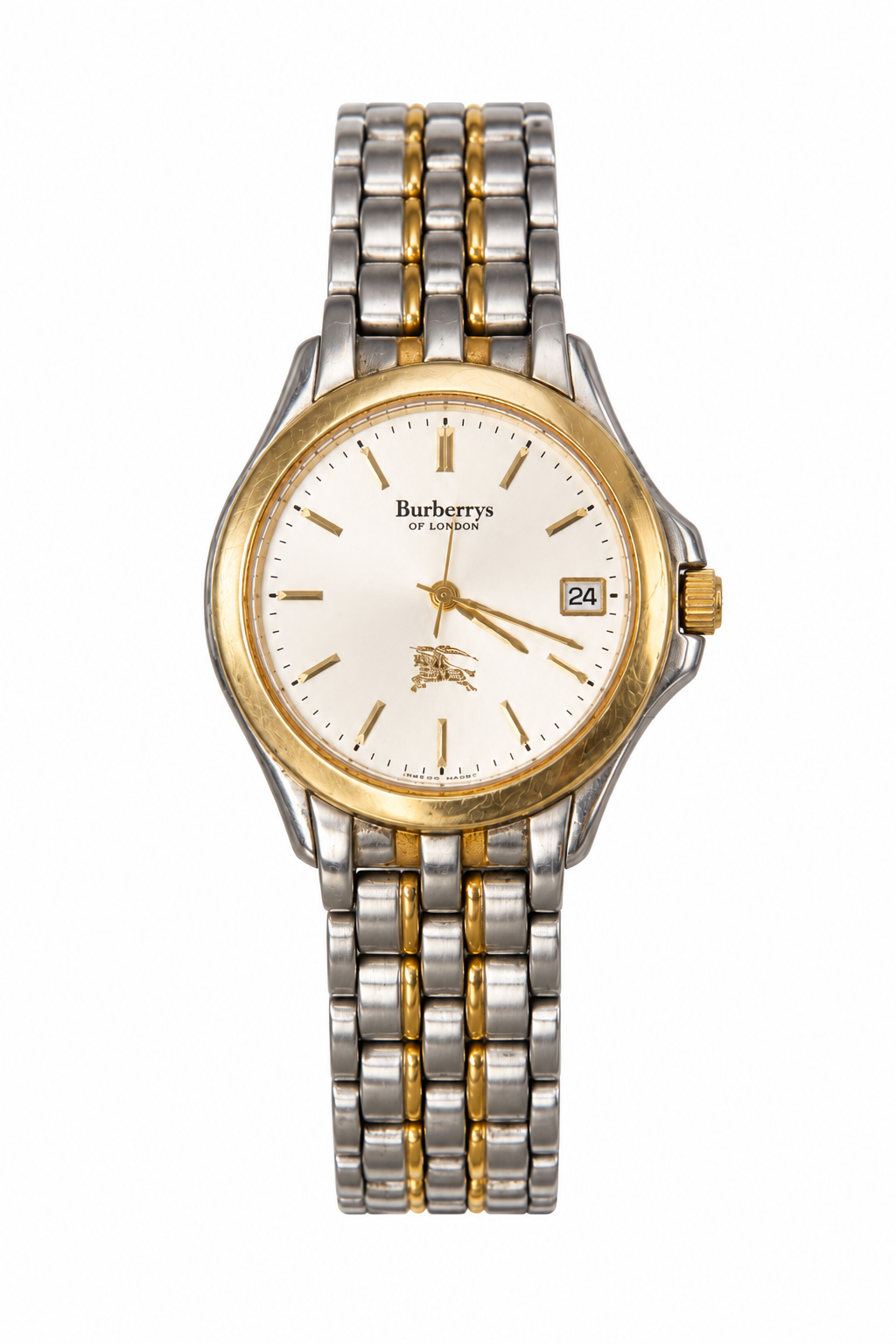 1990's Burberry Stainless Steel Gold Face Watch