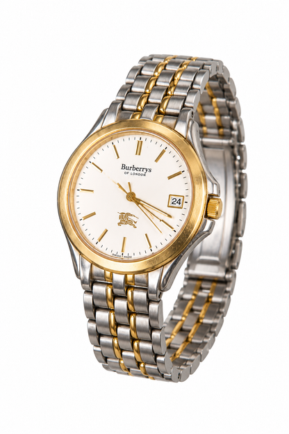 1990's Burberry Stainless Steel Gold Face Watch