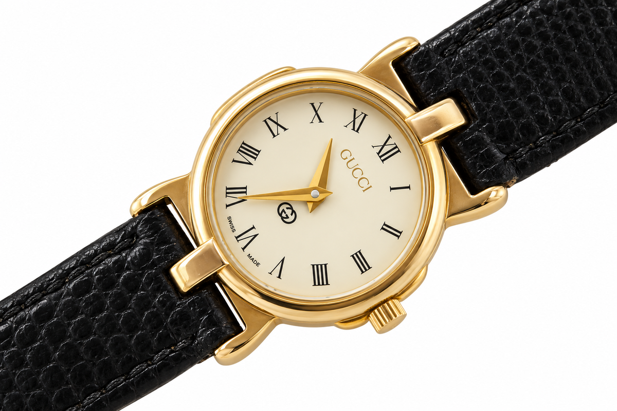 1990s Gucci 3400L Cream Dial Black Leather Strap Watch(1518-GUC-L). LWM864