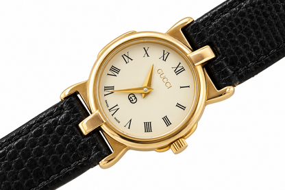 1990s Gucci 3400L Cream Dial Black Leather Strap Watch(1518-GUC-L). LWM864