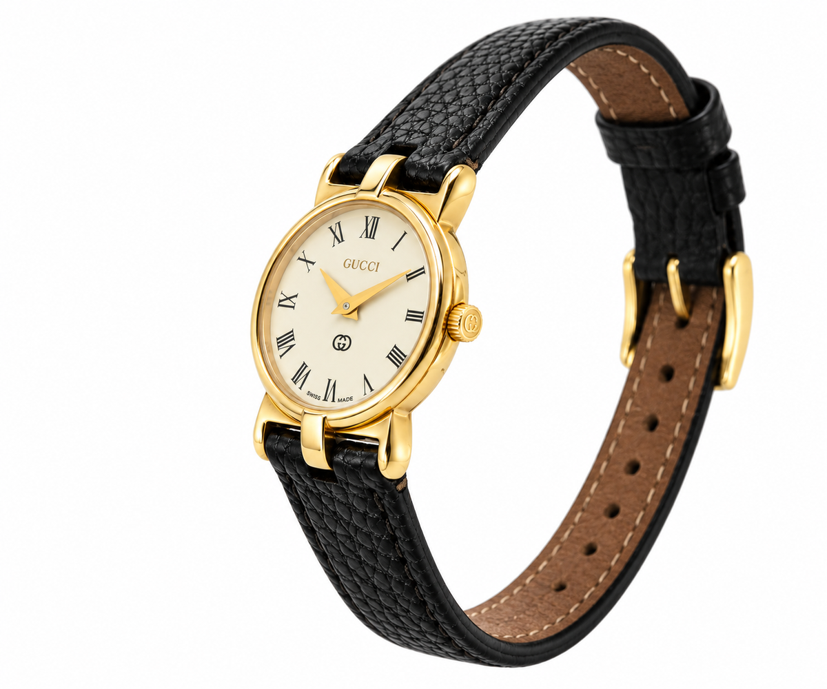 1990s Gucci 3400L Cream Dial Black Leather Strap Watch(1518-GUC-L). LWM864