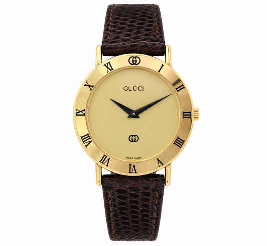 1990s Gucci 3000M Champagne Dial Brown Leather Strap Watch(1511-GUC-L). LWM864