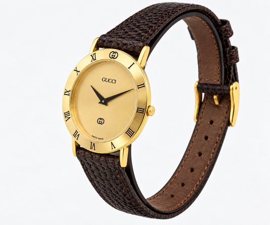 1990s Gucci 3000M Champagne Dial Brown Leather Strap Watch(1511-GUC-L). LWM864
