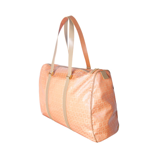 2000's Fendi FF Zucchino Logo Patent Coral Boston Bag